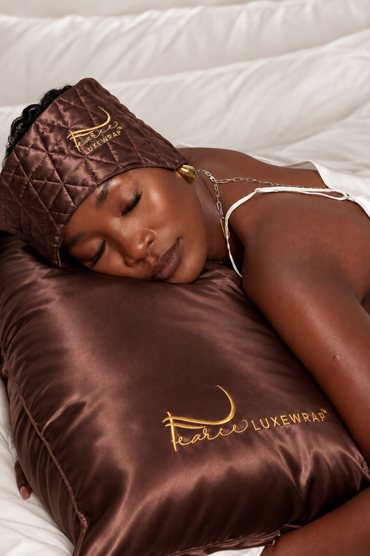 brown fearce luxewrap headwrap and brown satin pillow case